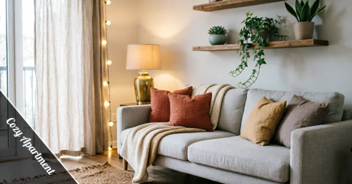 Cozy apartment living room with warm lighting and layered textiles