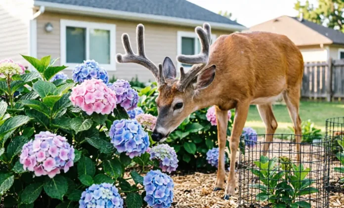 Hydrangea bush showing deer damage, answering do deer eat hydrangeas in home gardens