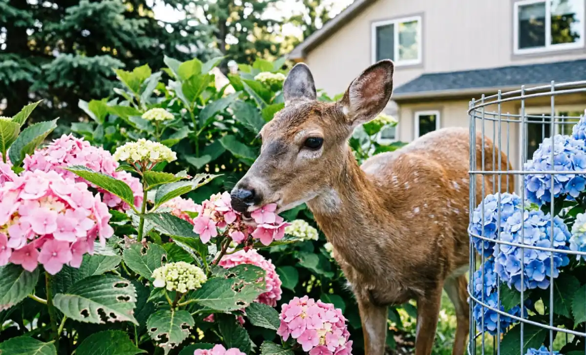 Deer damage signs on hydrangea leaves showing do deer eat hydrangeas evidence