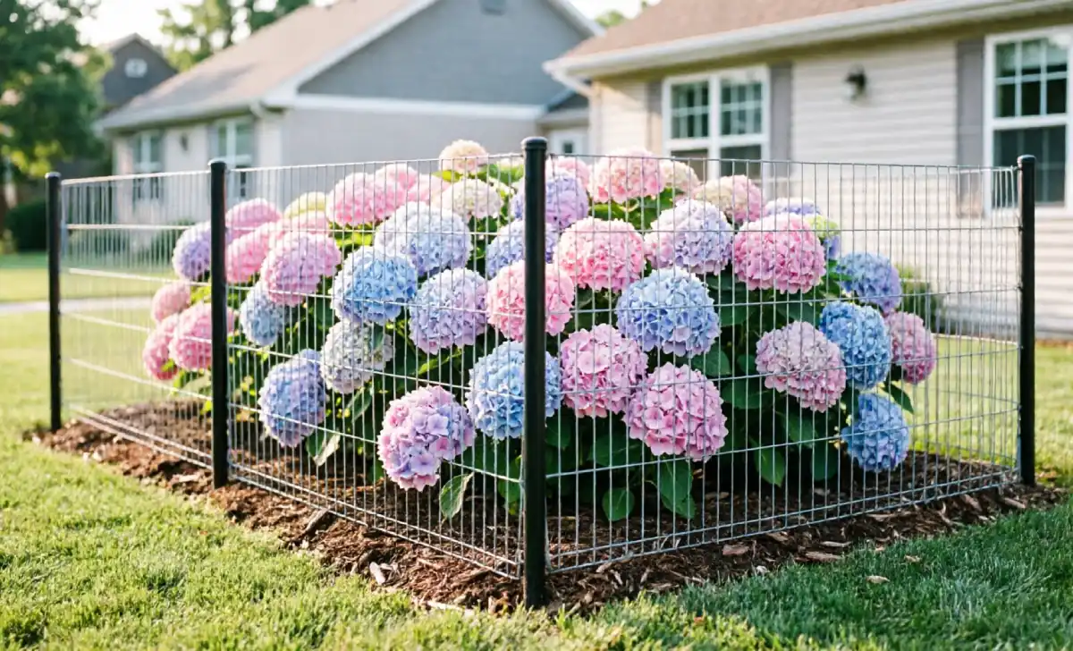 Deer fence protecting hydrangea bushes from do deer eat hydrangeas damage