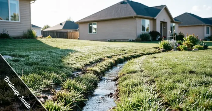 Grass drainage swale carrying rainwater safely across a backyard lawn