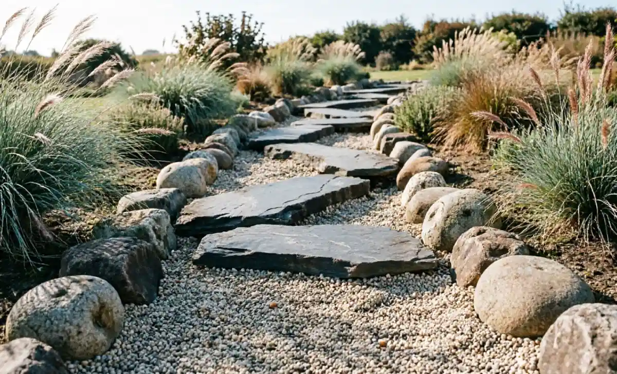 Curved dry creek bed design with stepping stones and native grasses