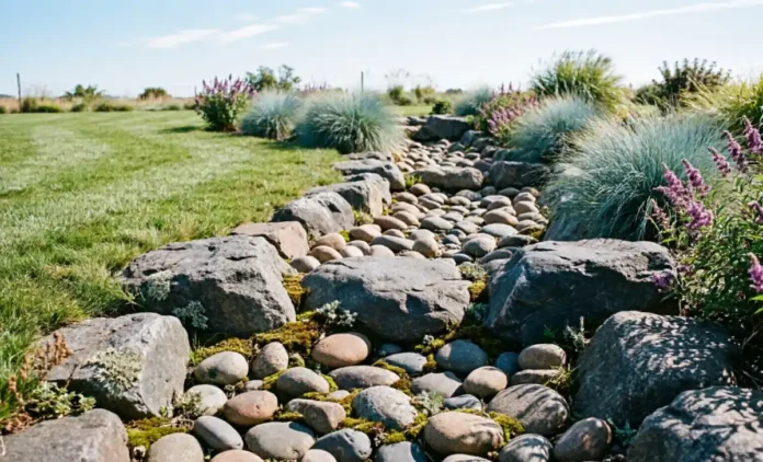 Dry creek bed lined with river rock for yard drainage