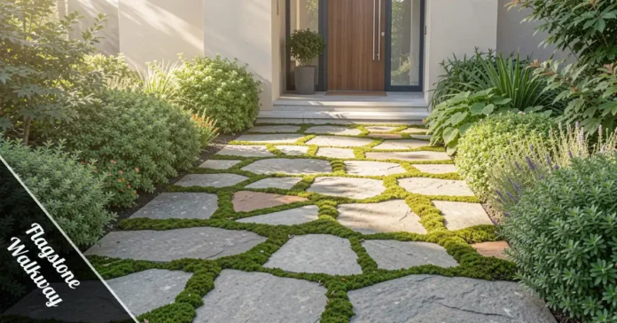 Flagstone walkway with moss-filled joints leading to a home's front door