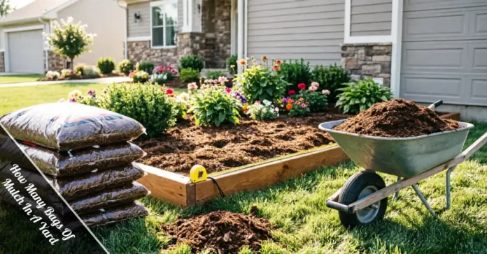 Bags of mulch and a tape measure showing how many bags of mulch in a yard for a garden bed.