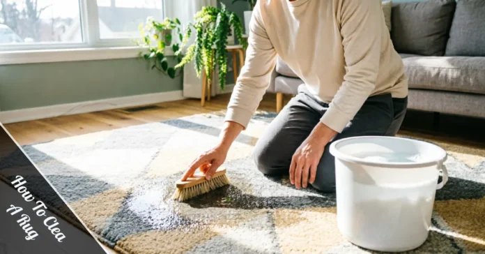 Hands cleaning a wool rug with a soft brush and mild soap in a sunlit living room