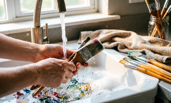 Person rinsing a paintbrush under water to demonstrate how to clean paint brushes properly