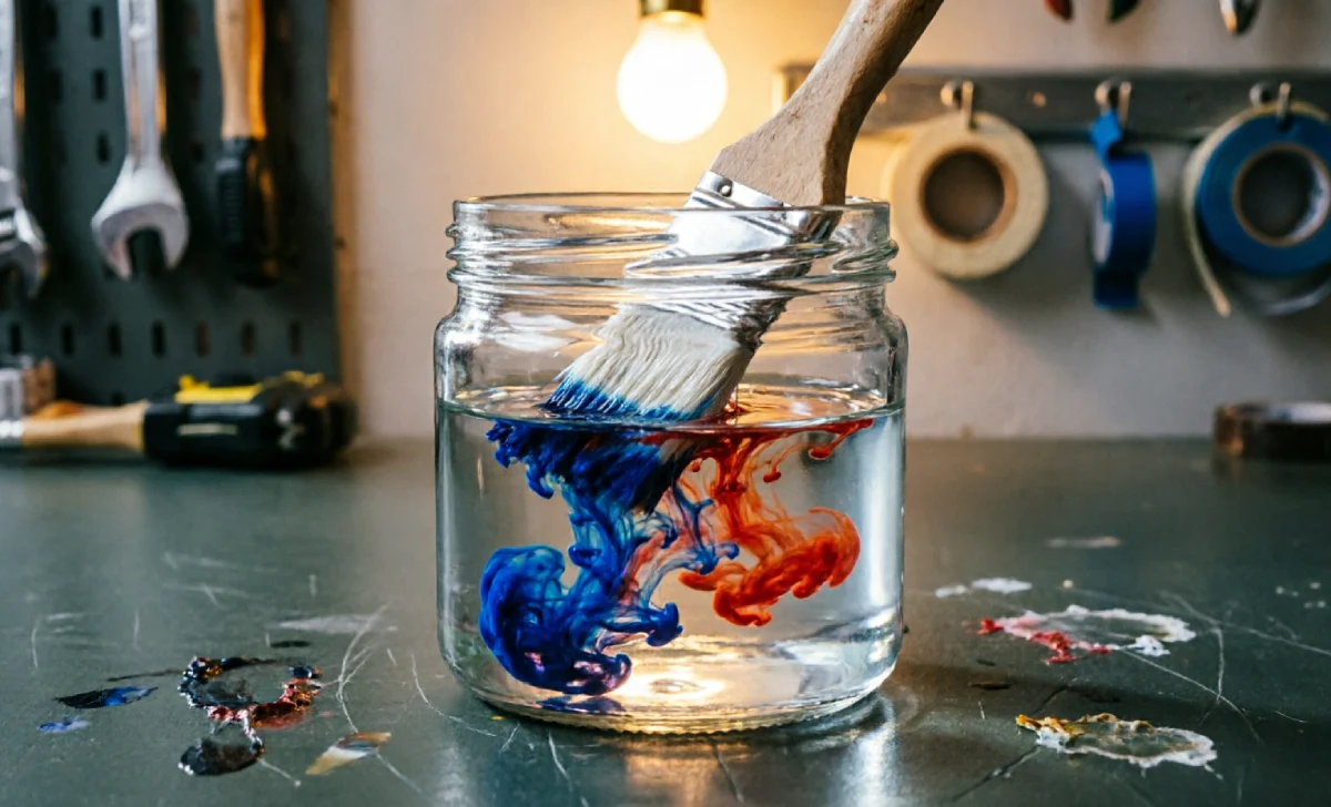Brush being swirled in a jar of solvent to demonstrate how to clean paint brushes with oil paint