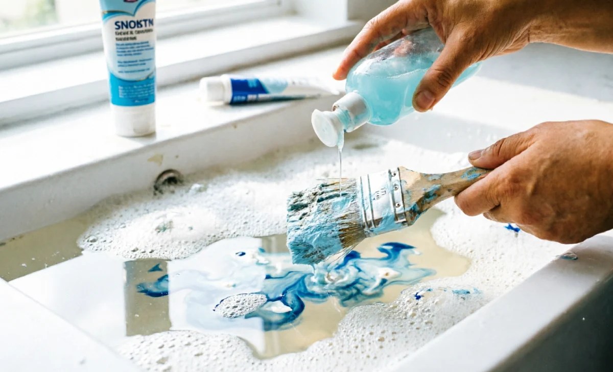 Washing a paintbrush with soap and water to show how to clean paint brushes used with latex paint