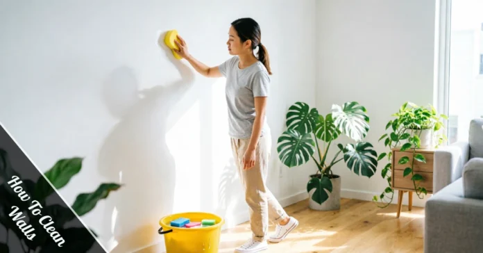 Person cleaning a painted wall with a microfiber cloth and soapy water