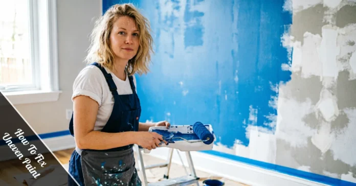 Homeowner using a roller to fix uneven paint on a wall