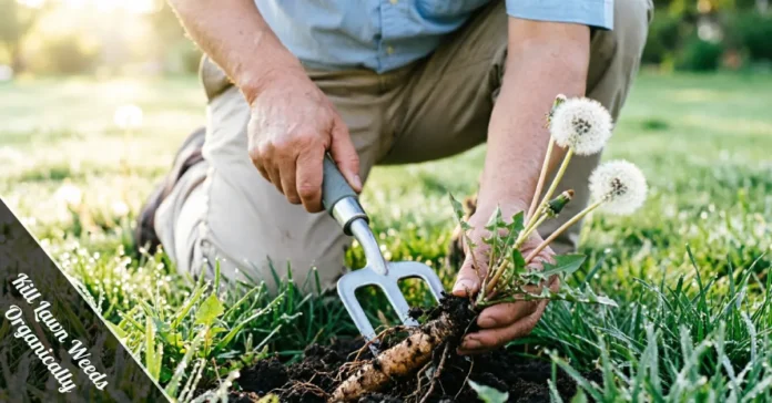 Person hand pulling dandelion weeds to kill lawn weeds organically in a green backyard lawn