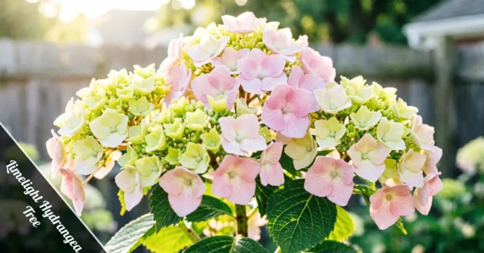 Limelight Hydrangea Tree with lime-green to pink blooms growing in a garden