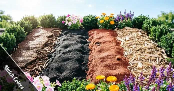 Comparison of brown, black, red, and natural mulch colors in a garden bed