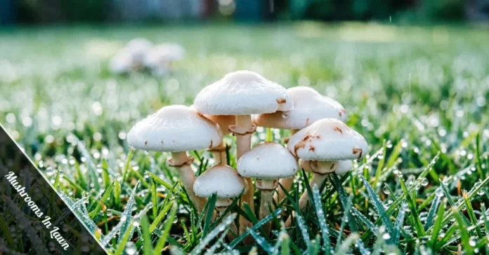 Small white mushrooms in lawn grass growing after rainfall
