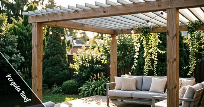 Louvered pergola roof over a backyard patio with wood posts