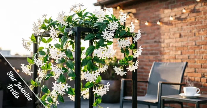 Black metal star jasmine trellis full of green leaves and white star-shaped flowers on a sunny patio with a lounge chair.