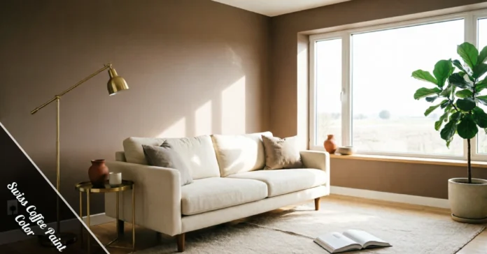 Swiss Coffee Paint Color on a living room wall with warm natural lighting