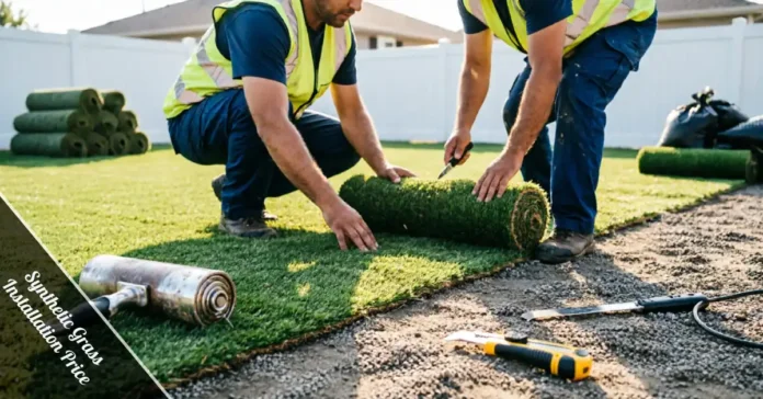 Synthetic Grass Installation Price — worker installing artificial turf over prepped gravel base in backyard