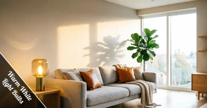 Warm white light bulbs create a cozy living room ambiance with soft golden glow.