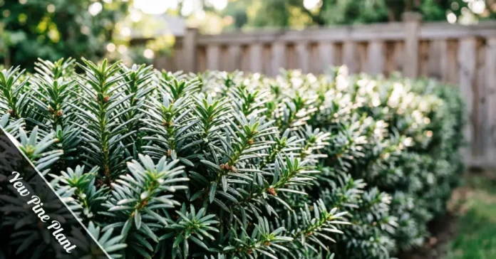 Yew Pine Plant hedge with dense green foliage in a backyard garden