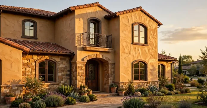 2000s Tuscan house exterior with stucco walls, stone accents, and terracotta roof