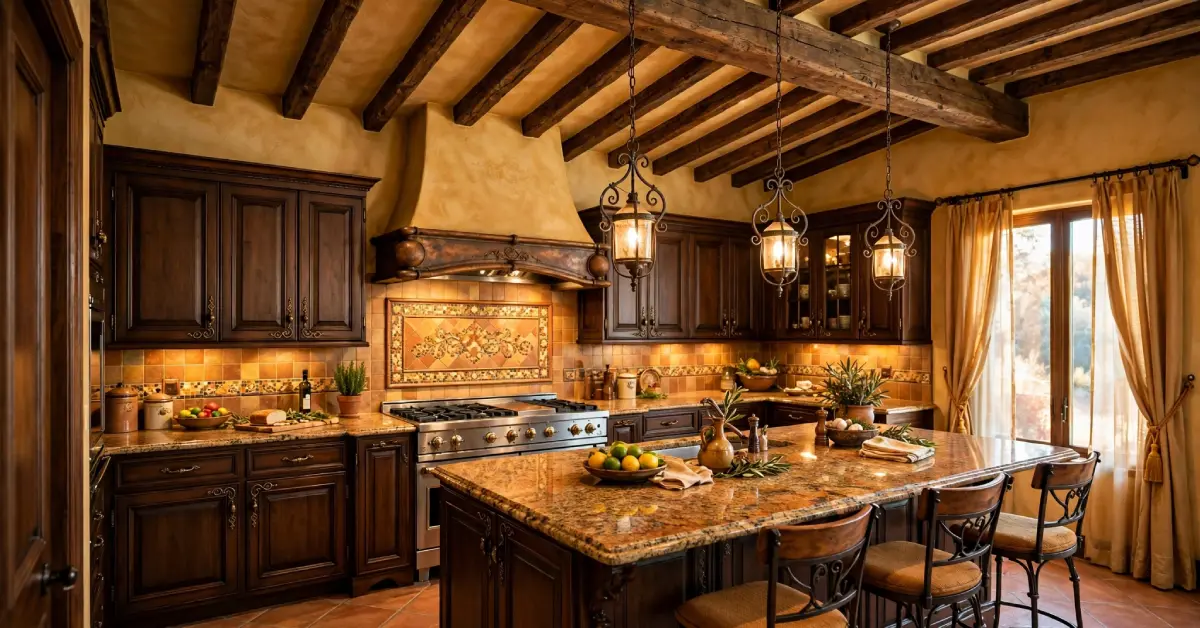 2000s Tuscan kitchen with dark wood cabinets, granite counters, and tile backsplash