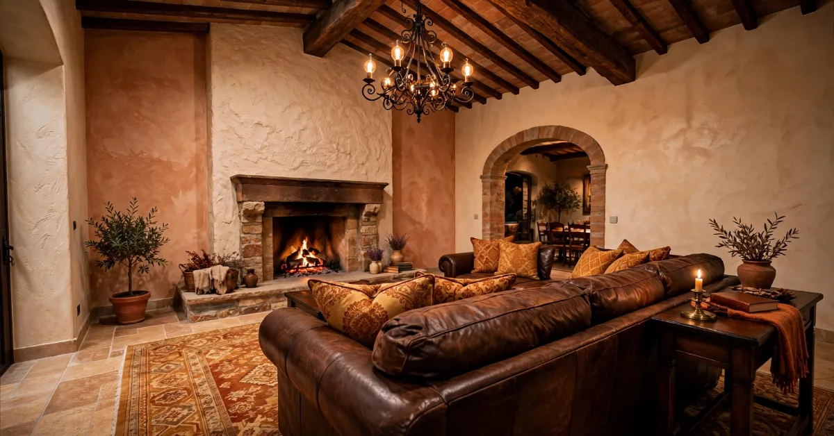 Tuscan-style living room with stone fireplace, dark wood beams, and iron chandelier