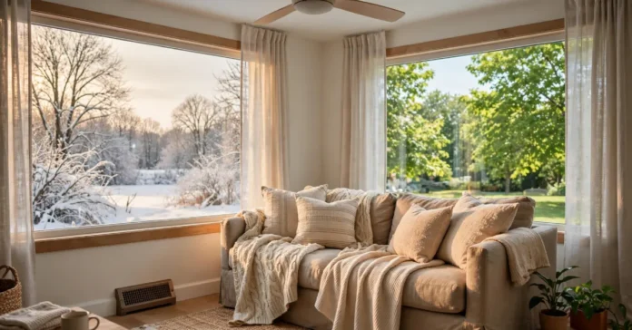 Comfortable home living room with good airflow, warm light, and cozy seasonal decor