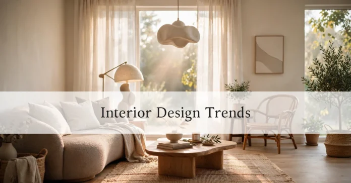 Modern living room showcasing 2026 interior design trends with warm neutral tones and natural textures