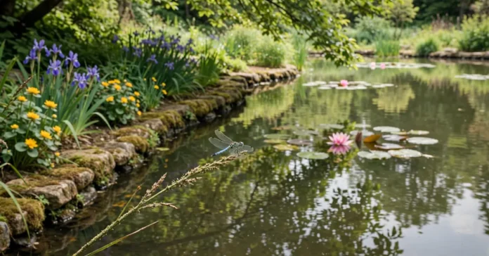 Naturalistic garden pond with water lilies, stone edging, and marginal plants