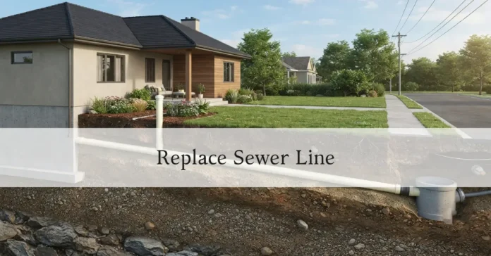 Underground sewer line path from house foundation to street connection