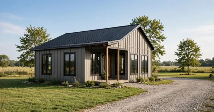 Small Barndominium home with metal siding, open porch, and simple exterior design