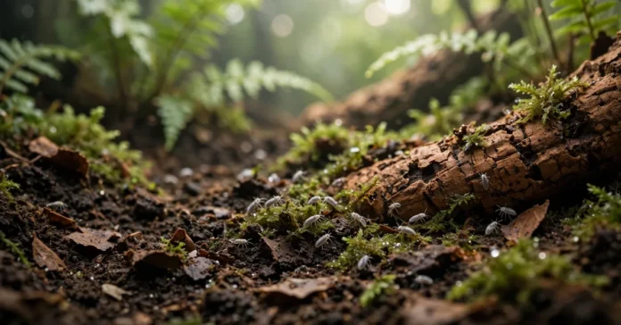 Live springtails for sale cleaning moss and soil in a bioactive vivarium