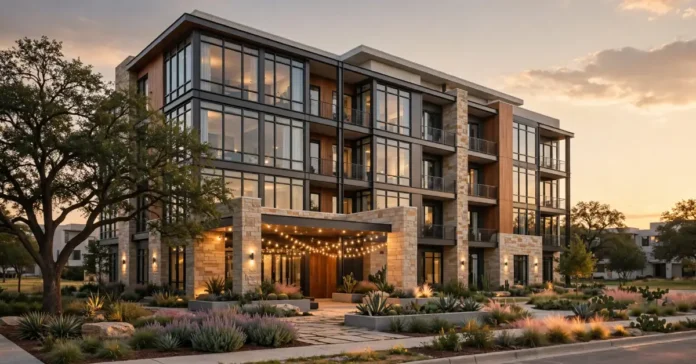Exterior of Luxia Gallery House, a 353-unit apartment community in Farmers Branch, Texas