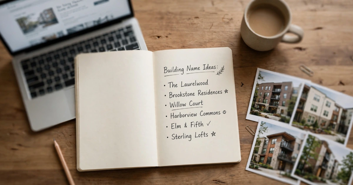 Desk with handwritten apartment name brainstorm list and property photos