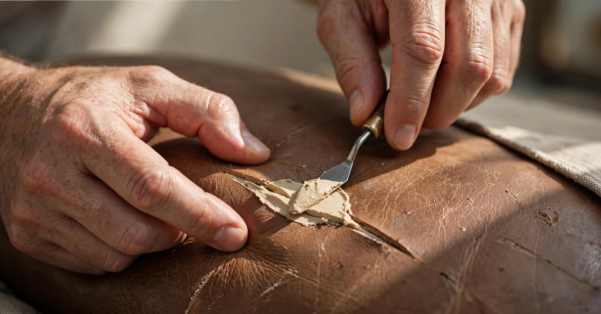 Hands applying leather filler into a crack on a leather couch with a palette knife