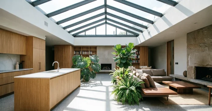 Modern atrium house with glazed roof and central courtyard
