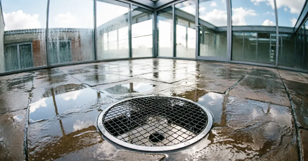 Atrium house courtyard floor with central rainwater drain