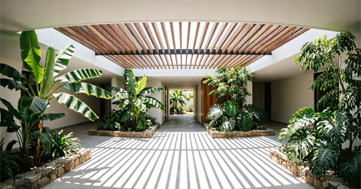 Atrium house with shaded courtyard for hot climate cooling