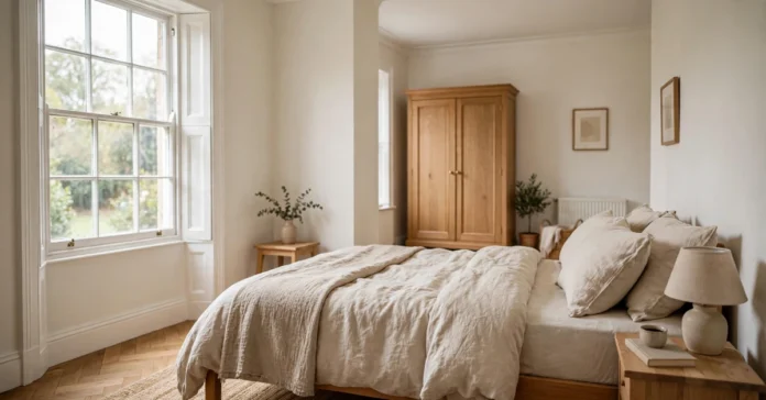 UK double bedroom showing typical layout with bed, wardrobe and bedside tables