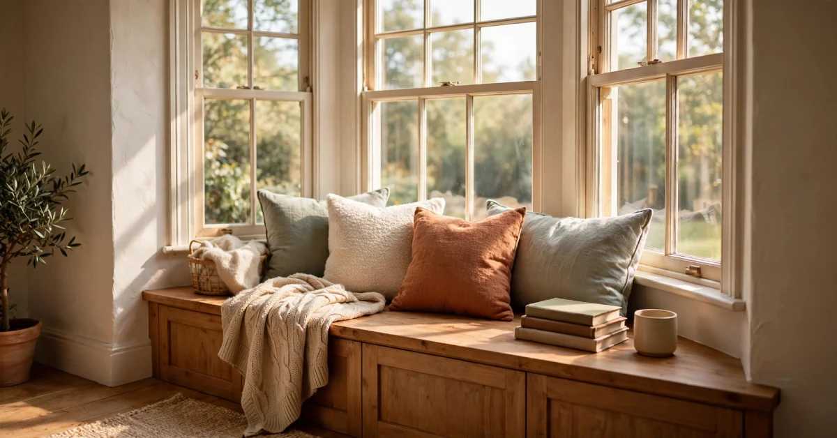 Bay window with a built-in seat and cushions used as a reading nook