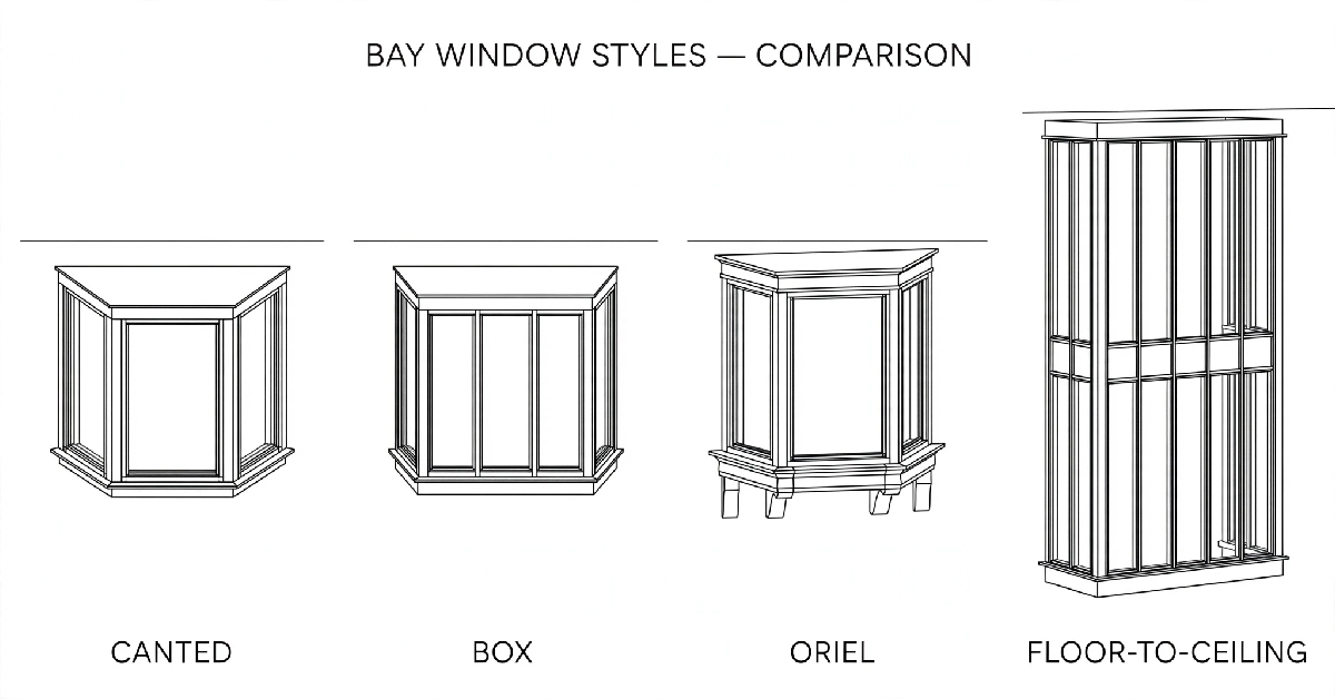 Diagram comparing angled, box, oriel, and floor-to-ceiling bay window types
