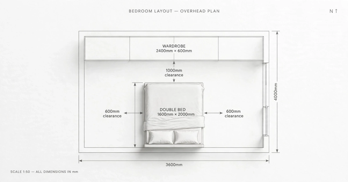 Diagram showing recommended bed clearance space for a UK double bedroom