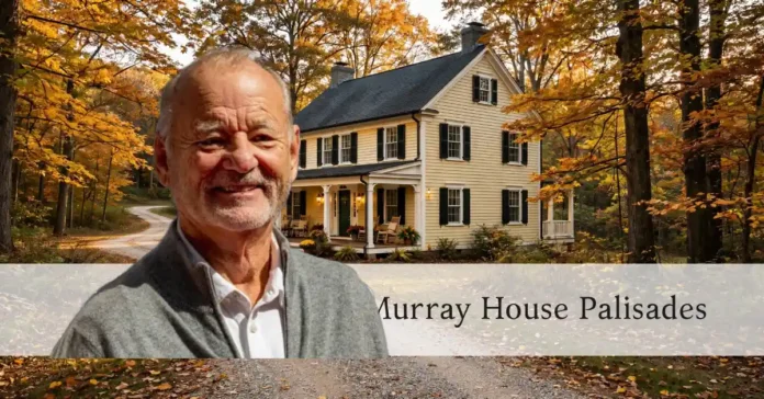 Colonial farmhouse style Bill Murray house in Palisades New York, set among trees in Snedens Landing