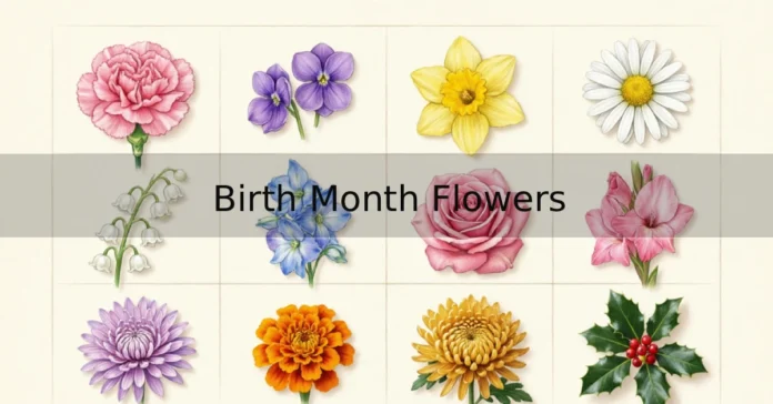 Birth month flowers arranged by month with names visible