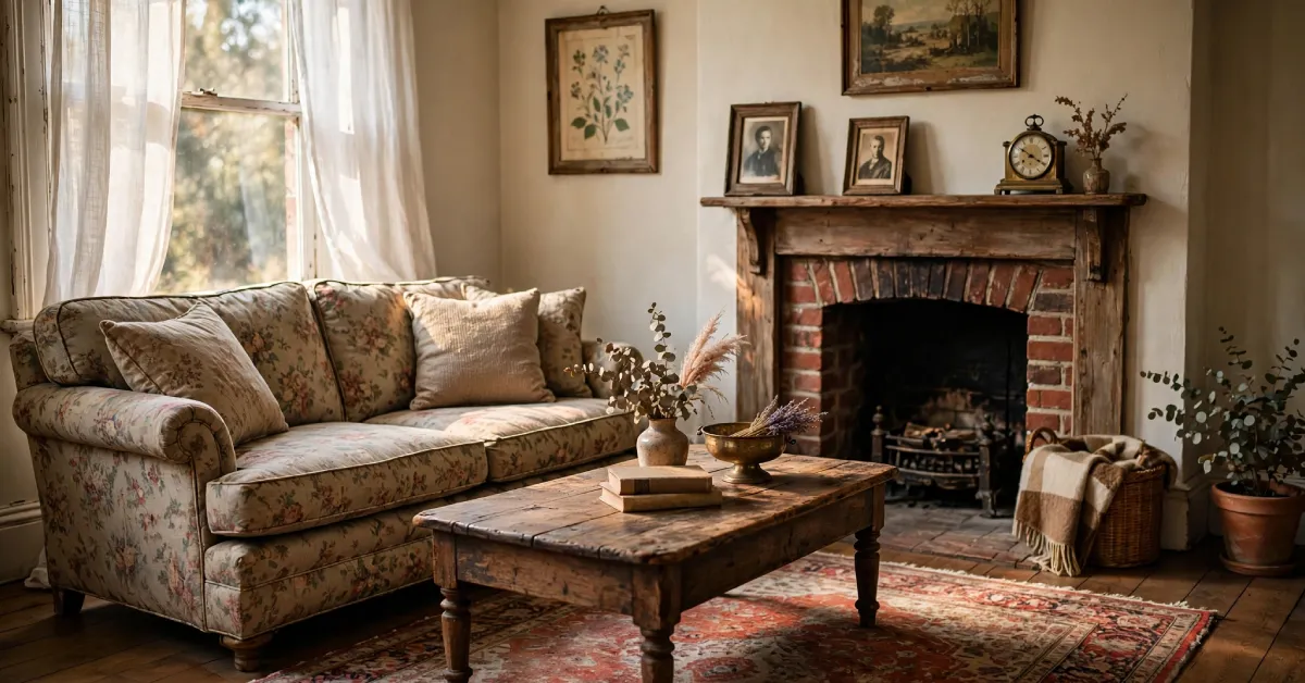 Classic vintage living room with antique coffee table and brick fireplace