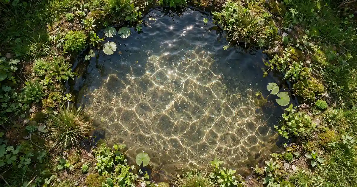 Clear garden pond with sunlight reaching the bottom and lily pads at the edge