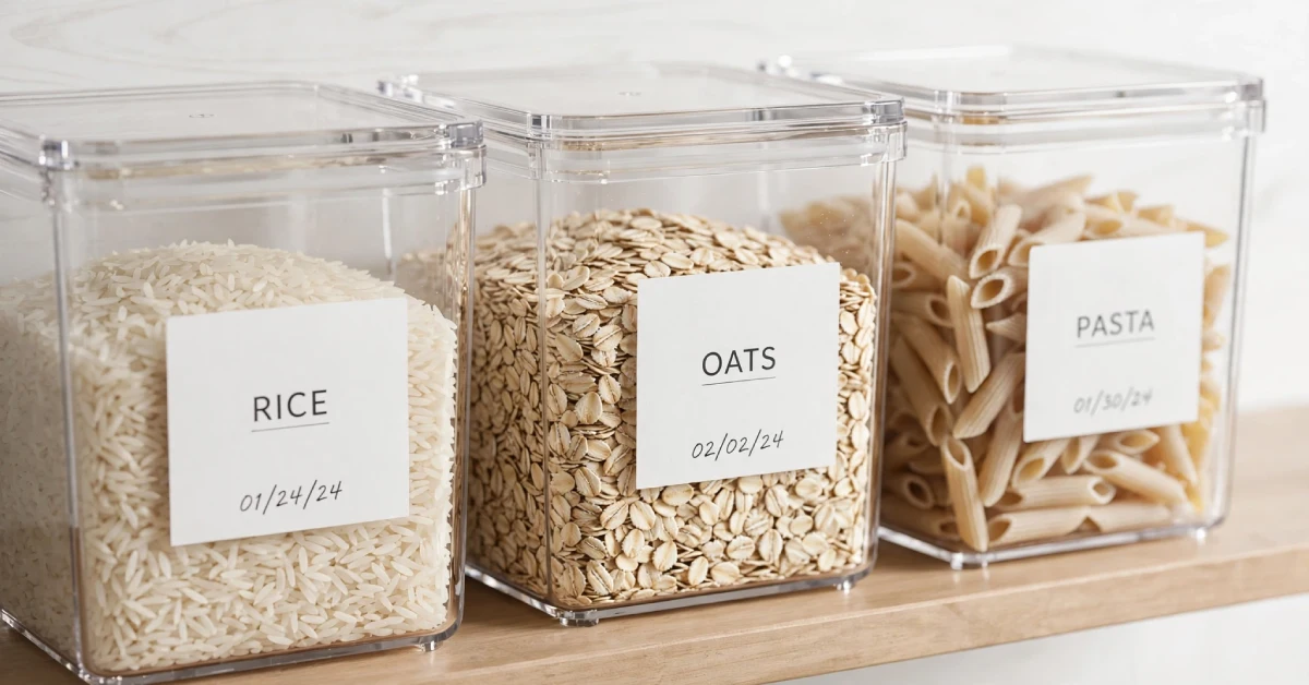 Clear pantry storage containers with labels for rice, oats, and pasta