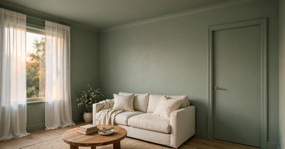 Color-drenched living room in sage green to make the space feel larger